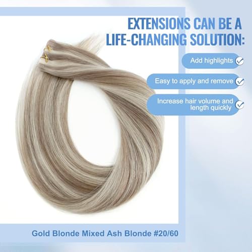 Image of Sixstarhair Invisible Tape In Hair Extensions Real Human Hair Blonde Highlights Gold Blonde With Ash Blonde Remy Tape Hair Extensions for Woman 20 Pieces 50g[Color #P20-60 22 inch]