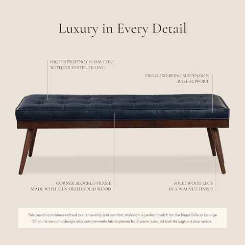 Image of POLY & BARK 55 inch Tufted Leather Bed Bench for Bedroom End of Bed - Living Room Entry Way Bench - Pure Italian Leather Upholstery with a Solid Wood Frame - Ottoman Bench with Wooden Legs - Midnight Blue