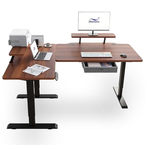 Bluenara Escritorio eléctrico de altura regulable con pantalla LED y soporte para monitor, escritorio de pie en forma de L de 160 cm – Mesa de altura ajustable para oficina en casa, color marrón