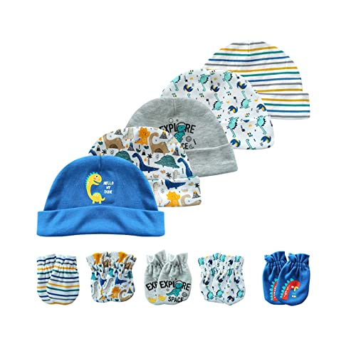 Image of MAMIMAKA Baby Hat and Mittens Set Newborn Baby Hats Caps for Baby Boys Girls 0-6 Months 100% Cotton
