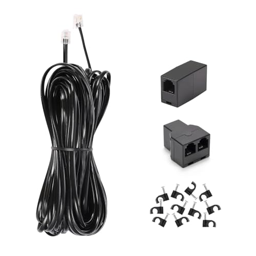 Long Telephone Extension Cord 50 FT, Black, Phone Cable Wire with Standard RJ11 Plug, 1 Phone Line Splitter, 1 in-line Coupler and 35 Cable Clips for Telephone Calling Communication