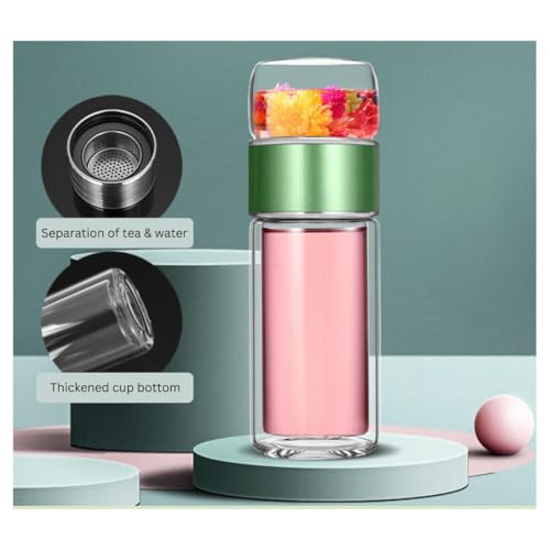 Image of Wosta Leakproof Glass Water Bottle with Stainless Steel Infuser Glass Tea Infuser Bottle with Strainer and Neoprene Sleeve for Loose Leaf Tea, Cold Brew Coffee. (F - GREEN, 350ML)