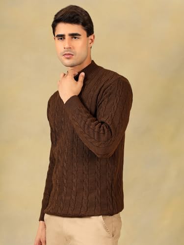 Image of Kvetoo Men's High Neck Cable Knit Sweater | Winter Pullover | Warm Wool Blend |Casual Full Sleeve Sweater for Men | Stylish Ribbed Neck Slim Fit Winterwear