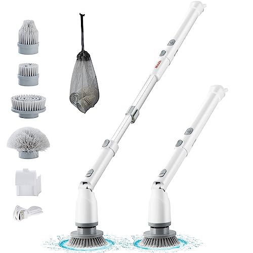 VEVOR Brosse de Nettoyage Électrique Rechargeable sans Fil Brosse de Lavage Rotative avec 4 Têtes Remplaçables 280/380 tr/min Longueur et Angle Réglable pour Carrelage Baignoire Salle de Bain Cuisine