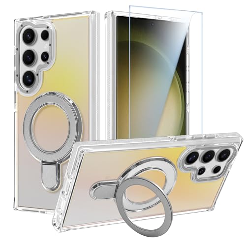 Image of Magnetic for Samsung Galaxy S23 Ultra Case with Stand [Compatible with Magsafe] [Cute Fluorescent Design] [1 Screen Protector] Slim Translucent Matte Case for Galaxy S23 Ultra 6.8 inch, White