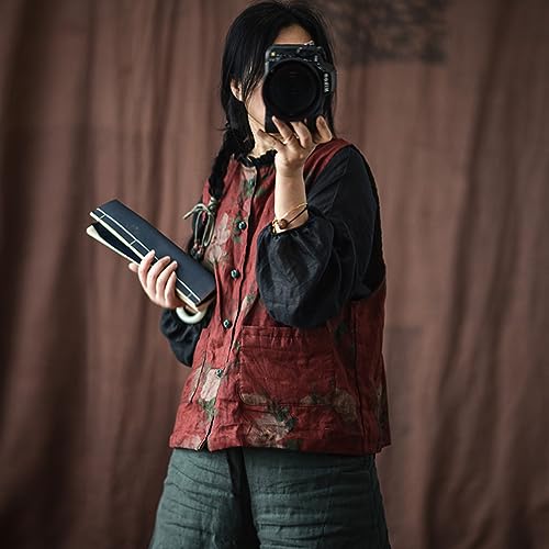 NFYM Womens Lightweight Linen Vest Handmade Knot Button Up Printed Sleeveless Blazer Jacket Tops with Pockets2