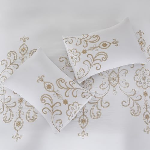 Image of Modern Threads Sabrina Embroidered Comforter Set - 5 Piece White Bed Set with Gold Detailing, Decorative Pillows & Shams, Luxuriously Soft Jacquard Bedding, Queen
