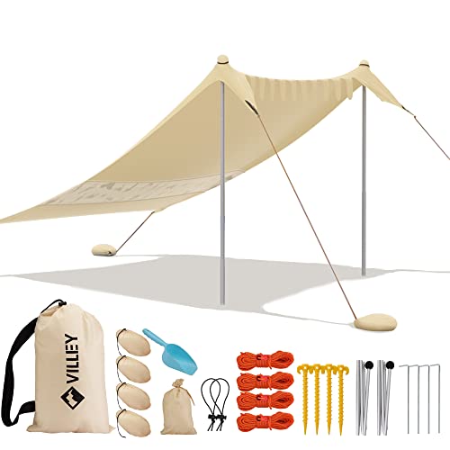 VILLEY Toldo de Playa 2m x 2,4m, Tienda de Playa Lycra, Sombra de Playa con Protección UV50+, Parasol de Playa con Ancla para Saco de Arena y 2 Postes de Soporte para Playa, Picnic, Color Caqui