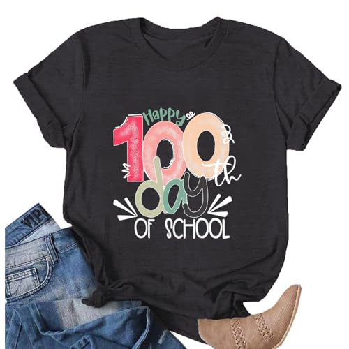 Image of 100th Day of School Shirt for Women Teacher Graphic T-Shirt Funny Teach Short Sleeve Tee Tops