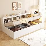 Merax Schlafsofa 90x200 cm mit Euro-Steckdose, Staufächern, LED-Lichtleiste & Hydraulik – Weiß (Ohne Matratze)