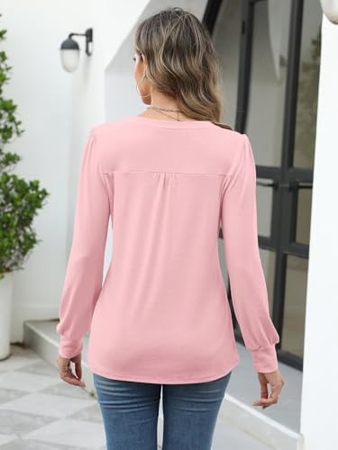 Women's Puff Long Sleeve Tops Pleated V Neck T Shirts Henley Button Tunic Blouses3