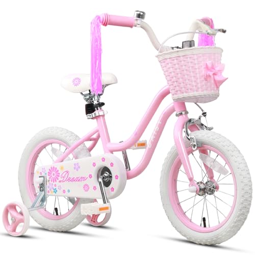 Glerc Daisy 16 Inch Girls Bike Ages 4 5 6 7 8 Years Old Kids Bicycle Princess Style with Training Wheels & Basket & Streamers & Bell for Birthday, Pink