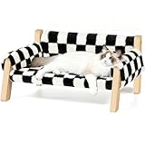FAMIDGE Elevated Cat Couch Bed for Indoor Cats - Wooden Pet Sofa with Removable Washable Thick Cover Raised Kitty Lounge Chair Suitable for Puppy or Small Animals(Cat Sofa Chessboard)