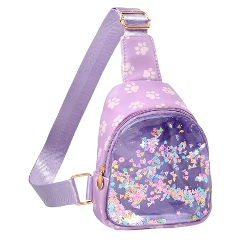 Image of COSHAYSOO Little Girls Paw Print Purse Cute Sling Crossbody Bag for Toddler Preschool Kids Girls 2 3 4 5 6 Year Old Graduation Birthday Gifts Fashion Daily Travel Trip Favor Purple Accessories | Paw print