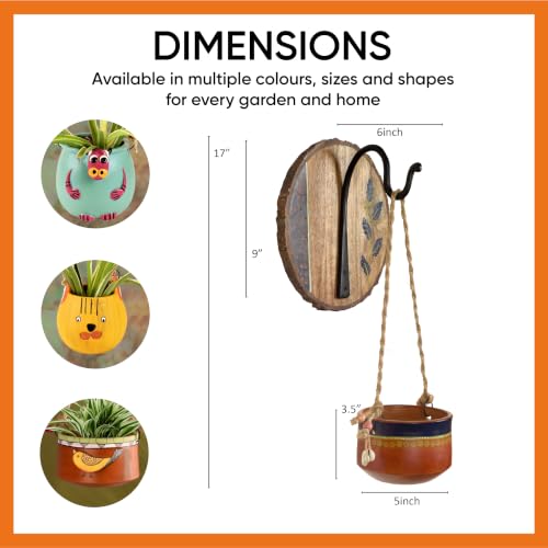 Image of AAKRITI ART CREATIONS Wall Hanging Planter with Hook | Blue & Brown Earthen Planter on Round Wooden, Modern Art, Matte Finish | Metal, Terracotta & Wood | Decor Hanging Pot for Indoor & Outdoor