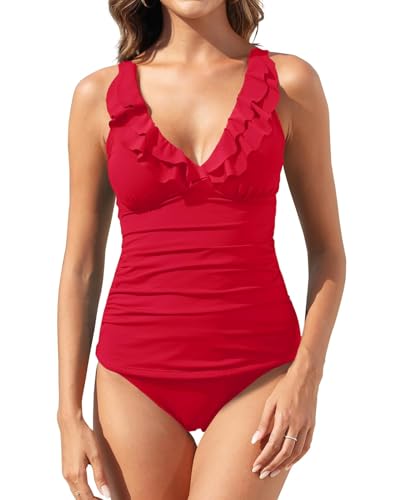 Womens Two Piece Swimsuits - Ruffle Flounce Tankini Tummy Control Bathing Suits V Neck Swimwear Bright Red M