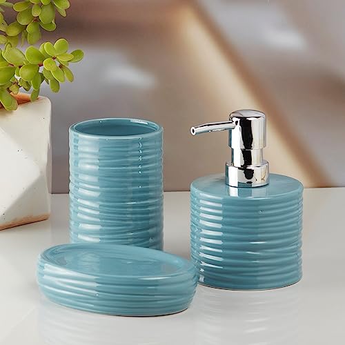 Image of SaSaSa Ceramic Bathroom Set of 3 Modern Bath Accessories Kit with Soap Dispenser, Toothbrush Holder & Dish - Stylish & Elegant Bathroom Decor, Blue (10197)