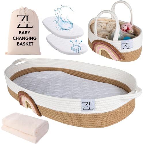 Image of ZEAL'N LIFE Baby Changing Basket with Diapers Basket, Blanket & Changing Pad for Dresser, Potable Changing Pad, Baby Changing Pad, Changing Pad for Dresser, Moses Basket for Newborns