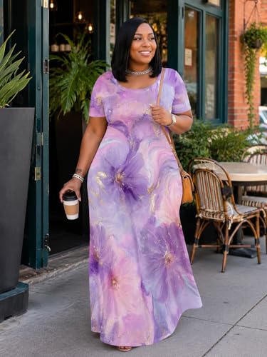 Image of SUZONANA Plus Size Dresses for Women Summer Casual Maxi Dress Short Sleeve Loose Vacation Dress