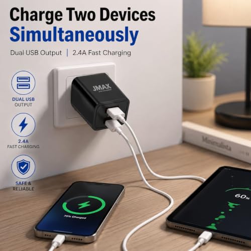 Image of Jmax 2.4A Dual USB Mobile Charger with Free Micro USB Cable | Fast Charging Dual USB Wall Charger Adapter | Smart IC Protection | Compatible with Nokia, Samsung, Lava, Jio, OnePlus, Realme, Oppo
