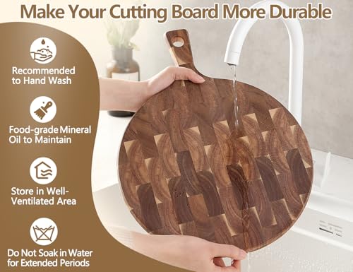 Tabla de cortar redonda de madera Acacia con mango miniatura 6