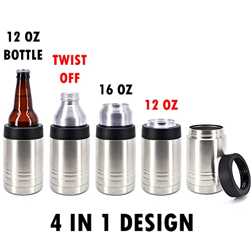 4-in-1 Stainless Steel 12 oz Double Wall Vacuum Insulated Can or Bottle Cooler Keeps Beverage Cold for Hours - Also Fits 16 oz Cans - Stainless Steel - Clear Water Home Goods