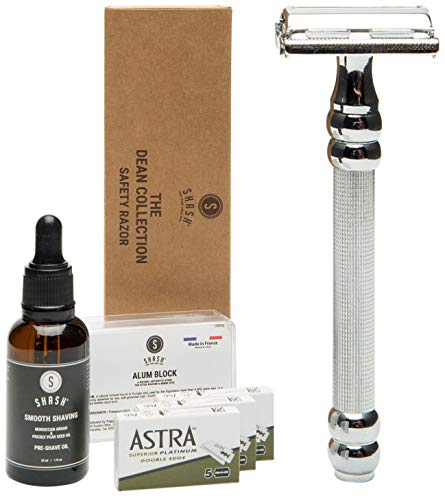 SHASH Dean Collection Double Edge Butterfly Safety Razor, Silver - Reduces Nicks and Cuts, Includes Astra Blades, Alum Block and Preshave Oil - Premium Quality Brass and Chrome