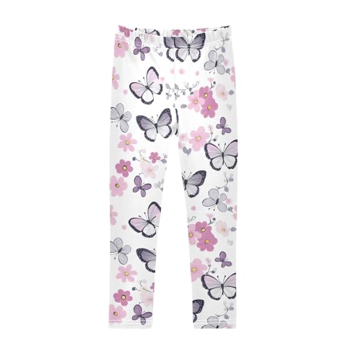 Wusikd Butterflies Flowers Girls' Leggings Toddler Doodles Pink Purple Kids Yoga Pants Dance Active Tights 4T