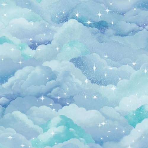 Holden Storybook Dreamland Cloud Theme Wallpaper for Kids Bedroom, Nurseries, Playrooms Stars and Glitter Effect Aqua Blue 14131