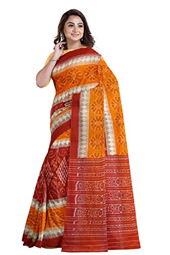 Image of Odisha Sambalpuri Handloom Ikat Women's Cotton Saree, Odisha Handloom Handmade Pure Cotton Khandua Saree, Ikkat Orissa Traditional Handloom Saree Without Blouse