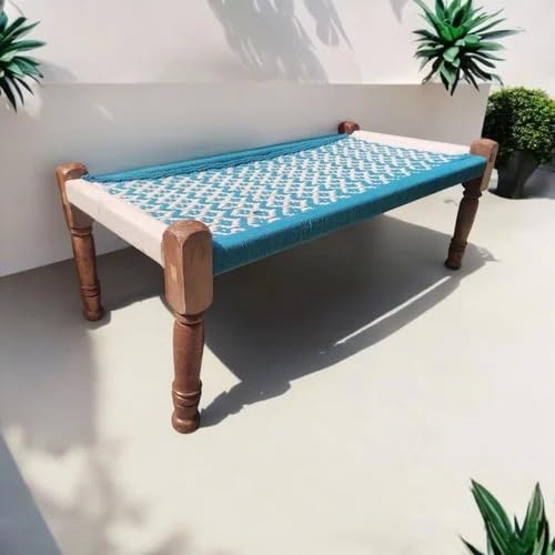 Image of Handwoven Wooden Bench | Traditional Rope Charpai Stool | Solid Wood Frame Seating for Living Room, Balcony & Outdoor | Durable & Stylish Design ((Blue & White Finish))