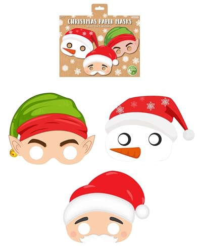 HENBRANDT 1 Máscara de papel de Natal para crianças, 3 desenhos sortidos, pacote de 12 máscaras faciais de Natal, disfarce de disfarce, enchimento de saco de saque, presentes de festa de Natal para
