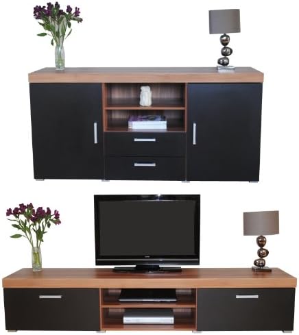 SydneyBlack & Walnut 2 Metre TV Cabinet & Large Sideboard Unit Living Room Furniture Set