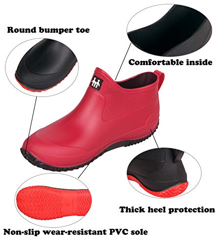 C Celanda Rain Boots For Women Waterproof Garden Boots Unisex Rubber Ankle Boots Non-Slip Car Wash Footwear Work Booties For Camping, Lawn Care, Gardening, Red Black, Size: 11 Us (Women) #TOP2