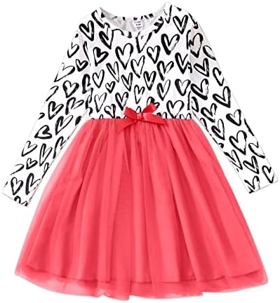 PATPAT Kid Girl Dress Letter/Heart Print Bowknot Design Mesh Splice Casual Long-Sleeve Tutu Dress for Kids White 4-5 Years