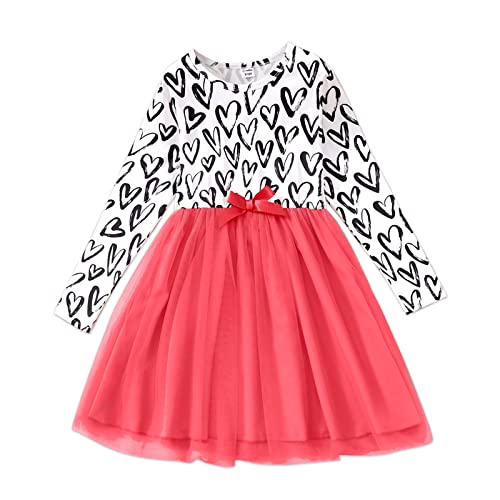 Patpat Kid Girl Dress Letter/Heart Print Bowknot Design Mesh Splice Casual Long-Sleeve Tutu Dress For Kids White 4-5 Years #TOP21