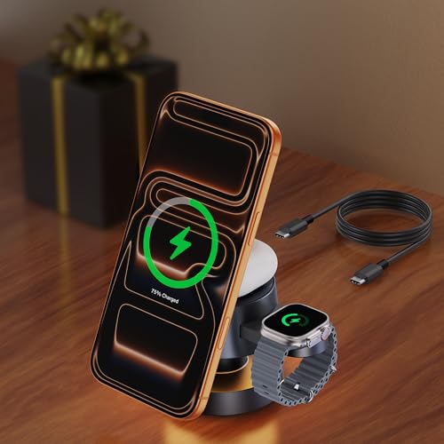 iVANKY para iPhone 16/15/14 Series, Cargador Inalámbrico 4 en 1 Cubo con Lámpara de Noche para MagSafe Soporte de Carga Inalámbrica, 3 en 1 Estación de Carga Rápida 22.5 W para Apple iWatch, AirPods