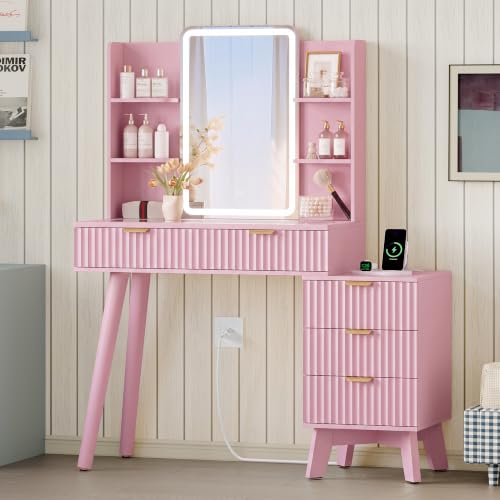 Image of Xixini Fluted Vanity Desk with LED Lights Mirror & Charging Station, Pink