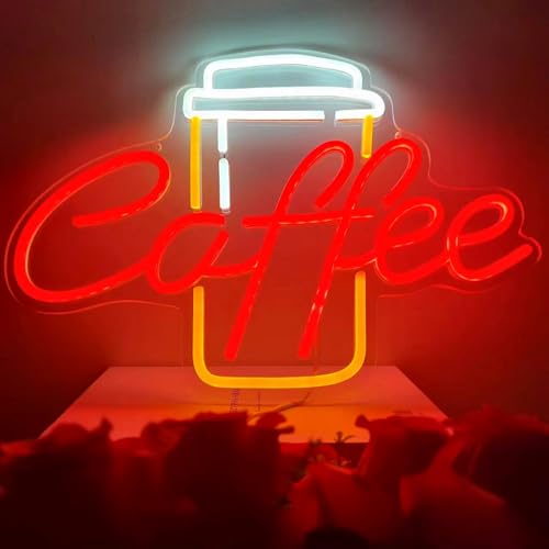 Image of Coffee Neon Sign Led Dimmable Acrylic Neon Signs for Coffee Shop Salon Home Bar Decor,Decorative Glow Signs for Room Pub Club Party Decoration,Usb Powered(Red Coffee+Yellow)