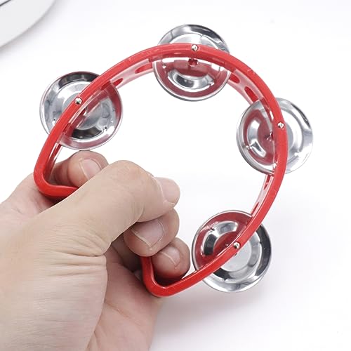 Pack of 2 Plastic Percussion Handheld Tambourines with 4 Jingle Bells, Red Mini Hand Bell Percussion, Musical Rhythm Instruments for Kids, Adults, School and Party - Image 5