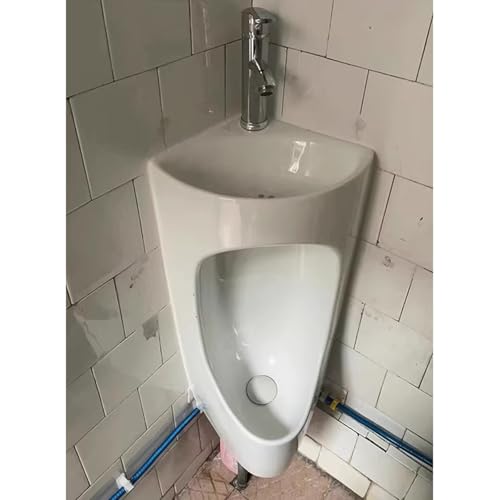 男性用小便池 壁掛け式コーナー小便器(洗面台付き) セラミック製男性用小便器(取付金具付属) 浴室/ガレージ/公衆トイレ用