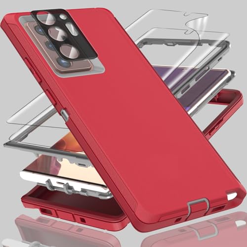 for Samsung Galaxy Note 20 Ultra Case, 3-in-1 Heavy-Duty Protection with 2*Flexible TPE Film，1*Super Lens Film and Shockproof, Drop Proof, Ultra-Rugged Phone Cover Note 20 Ultra 6.9'-Red/Grey