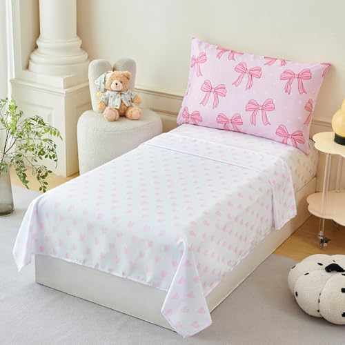 Image of PERFEMET Twin Bedding Sets for Girls 4 Pieces Pink Bow Comforter Set for Kids Teen Soft Lightweight Princess Girly Bed in a Bag with Sheets for All Seasons(Bow, Twin)