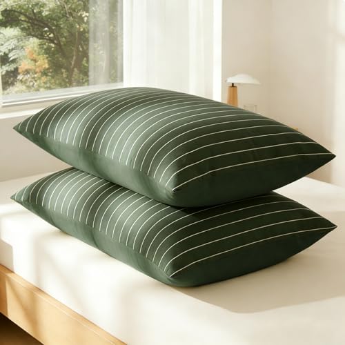 Image of Striped Duvet Cover Twin Size Olive Green Stripes Reversible Bedding Set Vertical Ticking Stripes Soft Breathable Microfiber Comforter Cover Set with Zipper Closure and 1 Pillowcase