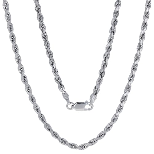 Nuragold 10k Real White Gold 3mm Rope Chain Diamond Cut Necklace (16