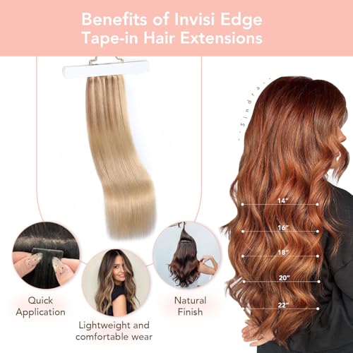 Image of Sindra Invisi Edge Tape in Hair Extensions Human Hair | 20Inch 55g 20pcs, Golden Brown Mixed Light Blonde, Invisible Injected Tape Ins, Soft Natural, Seamless Blend