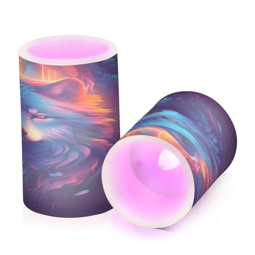 Kigai Colorful Wolf Design Flameless Candles with Remote Control and Timer,Battery Operated LED Pillar Candles Adjustable Brightness for Ourdoor Indoor Use,Home Decor,2 Pack