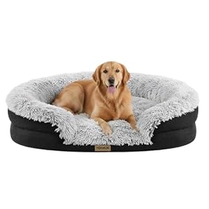 Fluffy Orthopedic Dog Bed for Large & Extra Large Dogs, Calming Plush Sofa Bed with Curved Bolster Support and Egg-Crate Foam Base, 43″ Cozy Oval Pet Donut Bed with Washable Cover, Gray