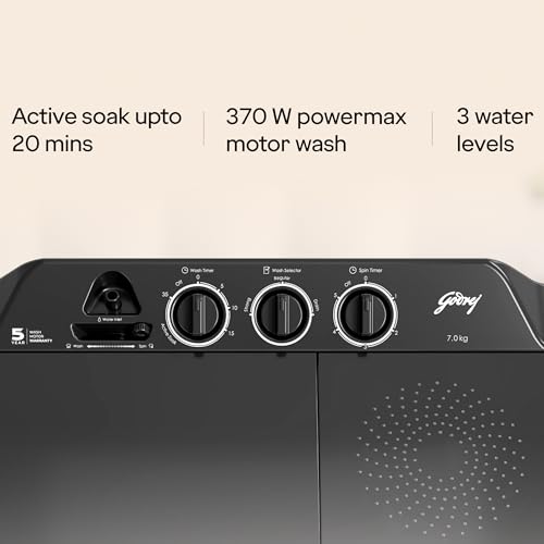 Image of Godrej 7 Kg 5 Star, Active Soak Technology, 370 W PowerMax Wash For Heavy Laundry Wash, Toughened Glass Lid, Semi Automatic Top Load Washing Machine (WS EDGE CLS 70 5.0 PN2 GPGR, Graphite Grey)