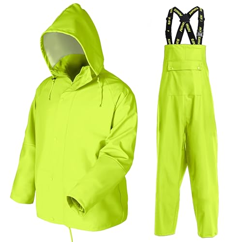 Men&rsquo;s PRO Workwear 3-Piece Waterproof PU Rain Suit &ndash; Heavy Duty Hooded Jacket & Bib Pants for...